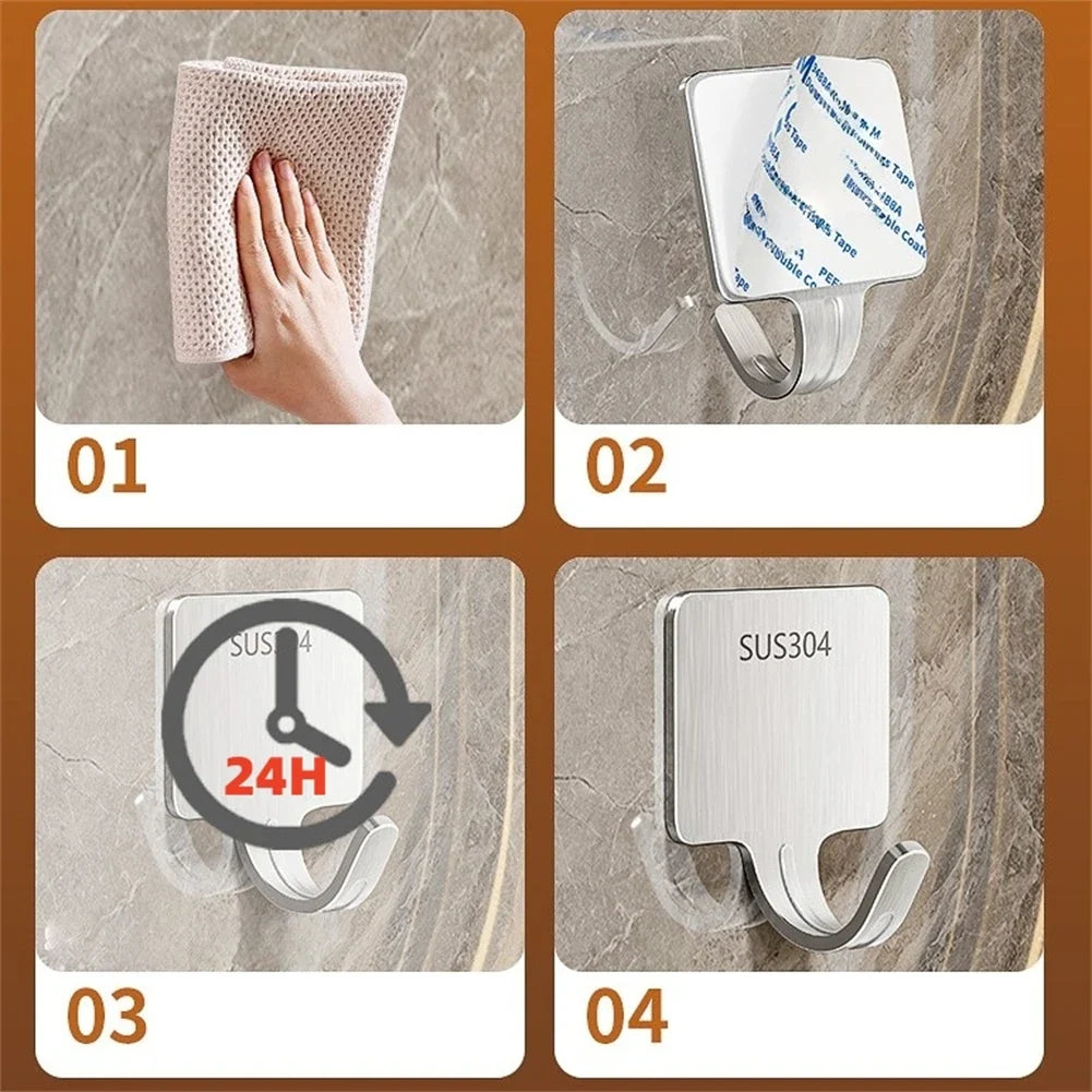 No Drill Towel Hooks Stainless Steel Wall Coat Hangers Keys Clothes