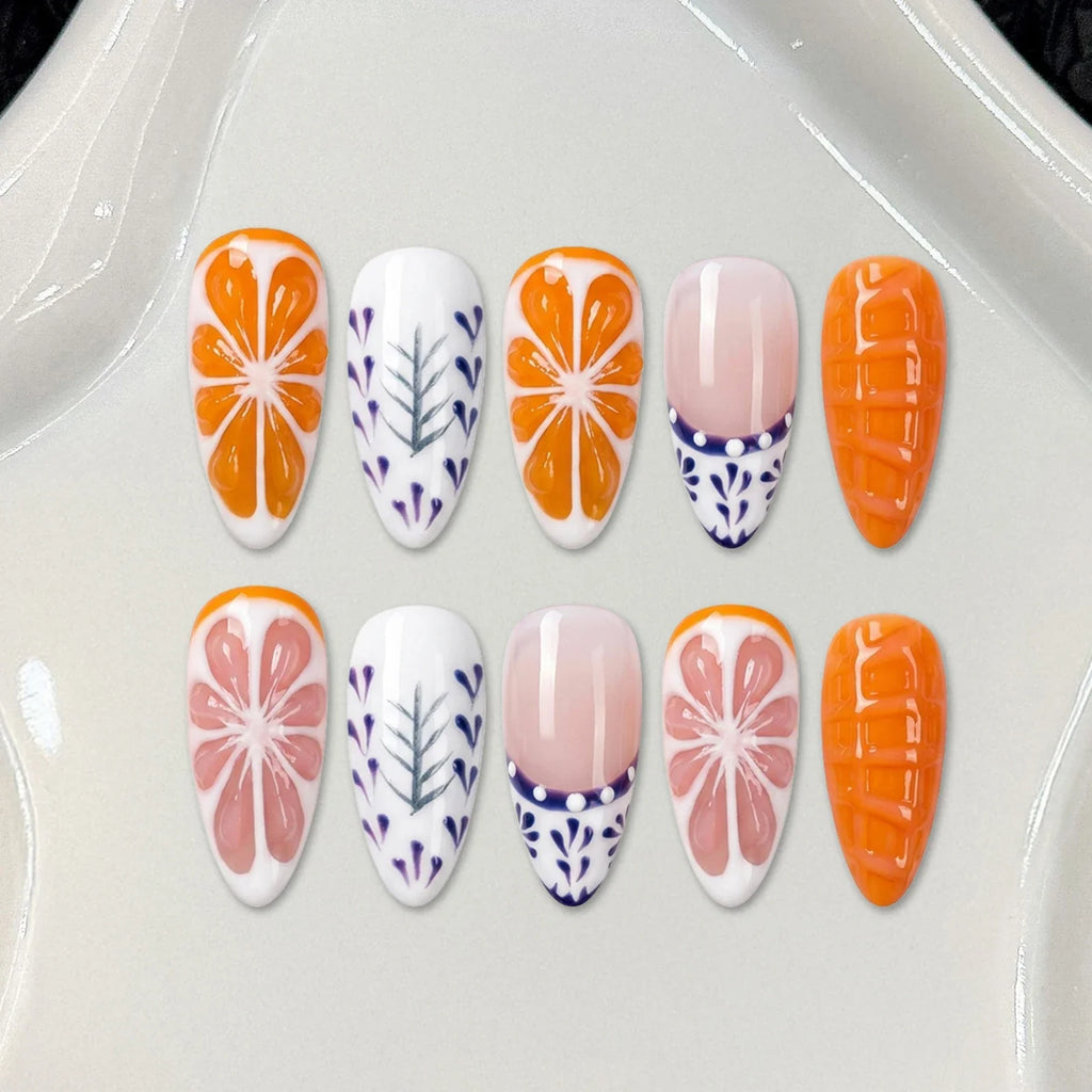 Handmade Press On Nails 3D Grapefruit Orange Almond Set 10pc