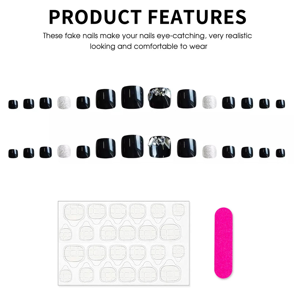 24-Piece Black Rhinestone Press-On Nails | Square Glossy Set