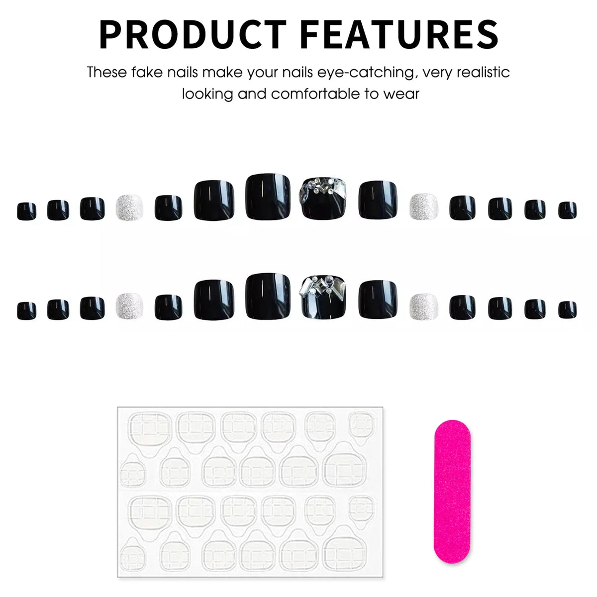 24pc Rhinestone Press-On Toe Nails – Black Silver Glitter Tips