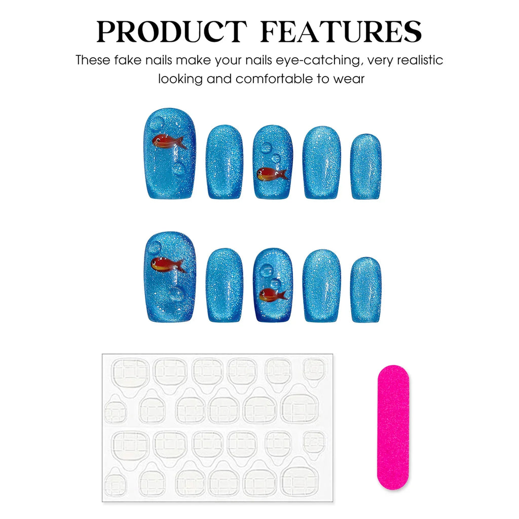 Goldfish Press On Nails – Blue Cat Eye Short Ballet False Nails