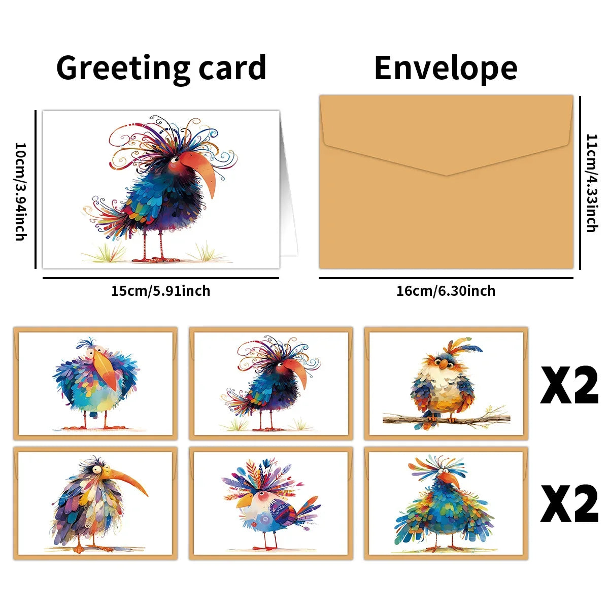 Funny Bird Watercolor Thank-you Card Handwritten Blank Postcards