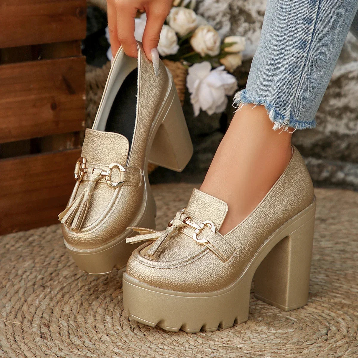 Women's Chunky High Heel Pumps – Tassel & Bowknot Party Shoes
