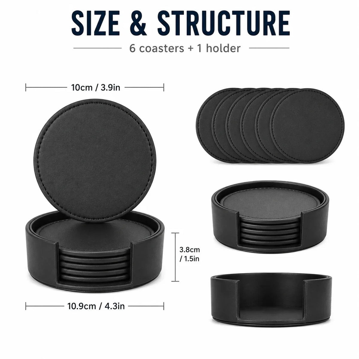 PU Leather Drink Coaster Set of 6 with Holder – Heat Resistant