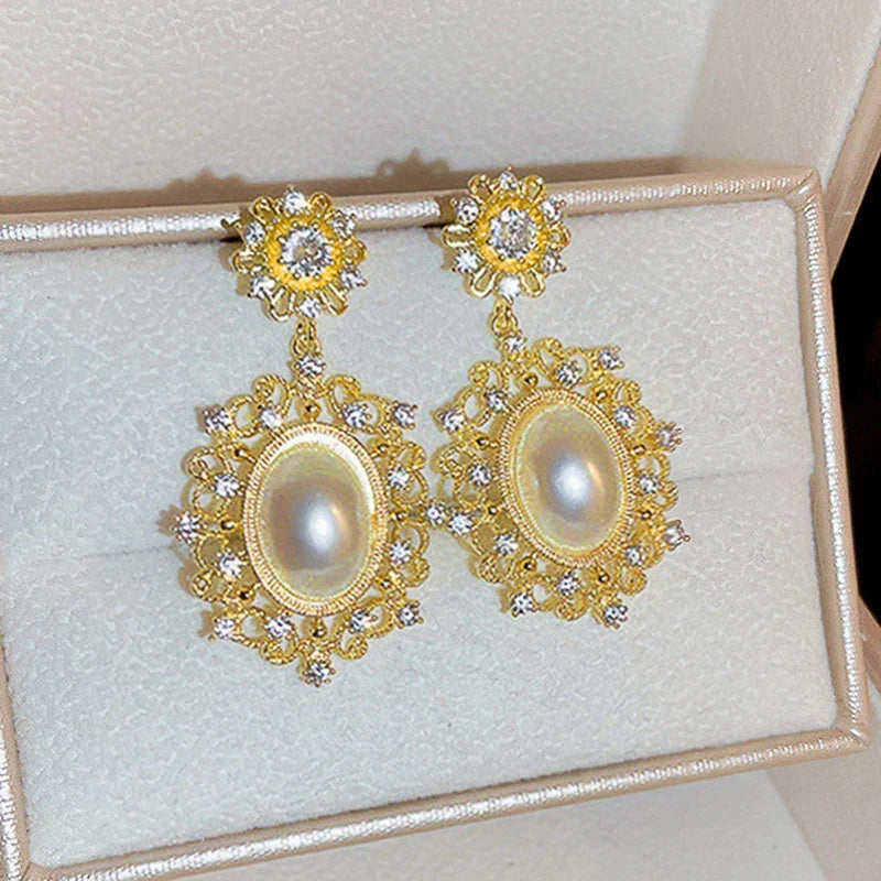 Huitan Gold Simulated Pearl Dangle Earrings – Bridal Wedding