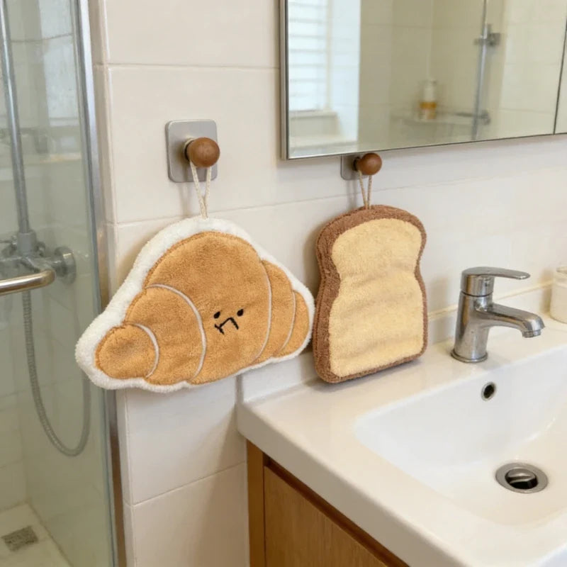 Cartoon Bread Coral Velvet Hand Towel with Hanging Loop
