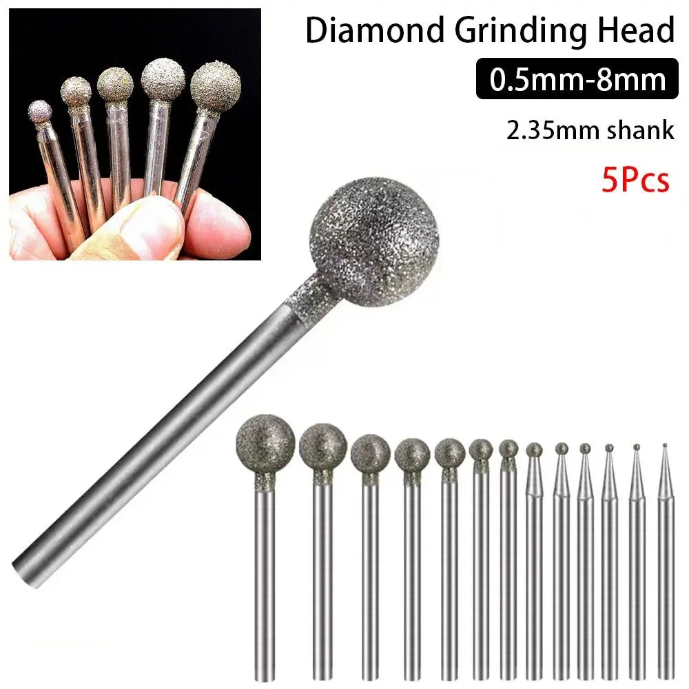5-Pc Diamond Spherical Burr Set – 2.35mm Shank, 0.5–8mm