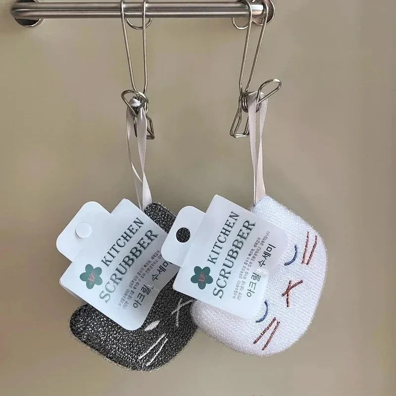 Korean Cartoon Cat Kitchen Sponge & Scouring Pad Set
