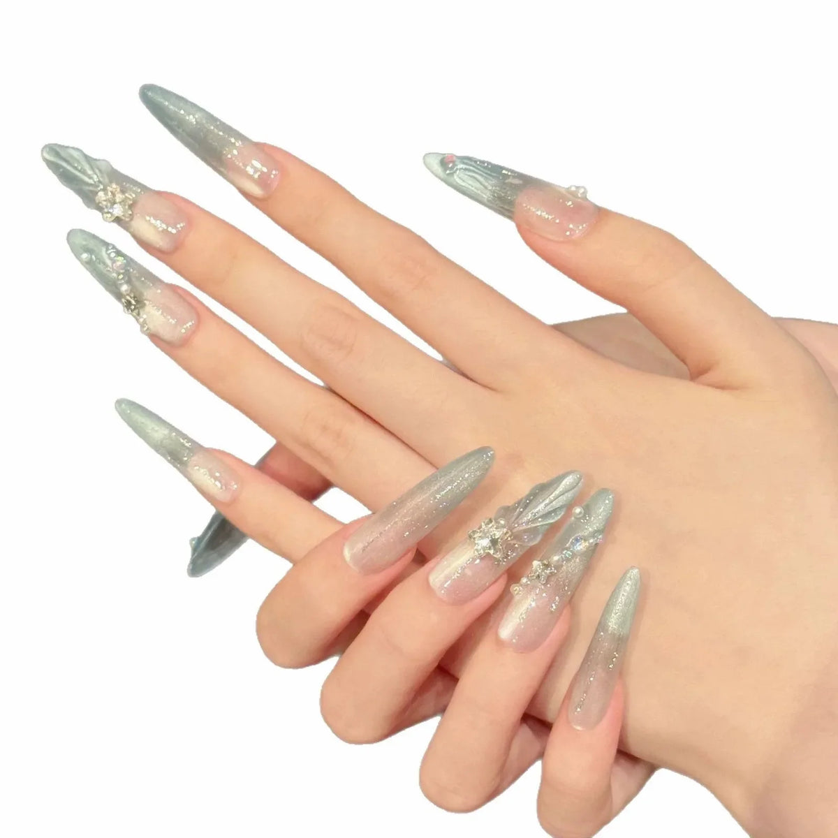 Blue Cat Eye Press On Nails – Star Rhinestone Y2K, 10pcs