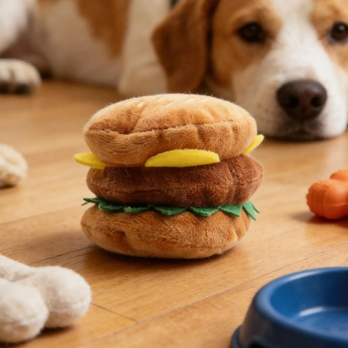 Squeaky Hamburger Dog Chew Toy – Soft Plush Puppy Teether