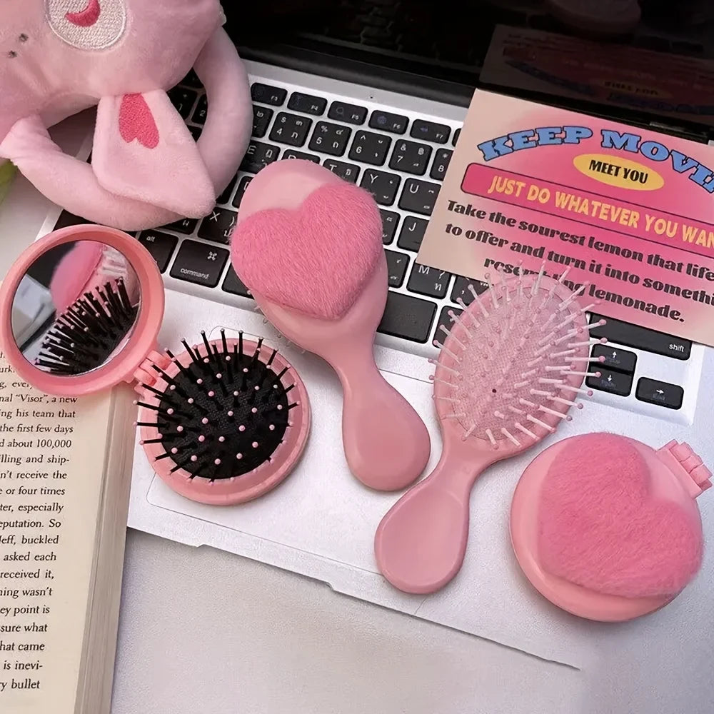 Plush Heart Mini Hair Brush & Mirror Set – Portable Pink