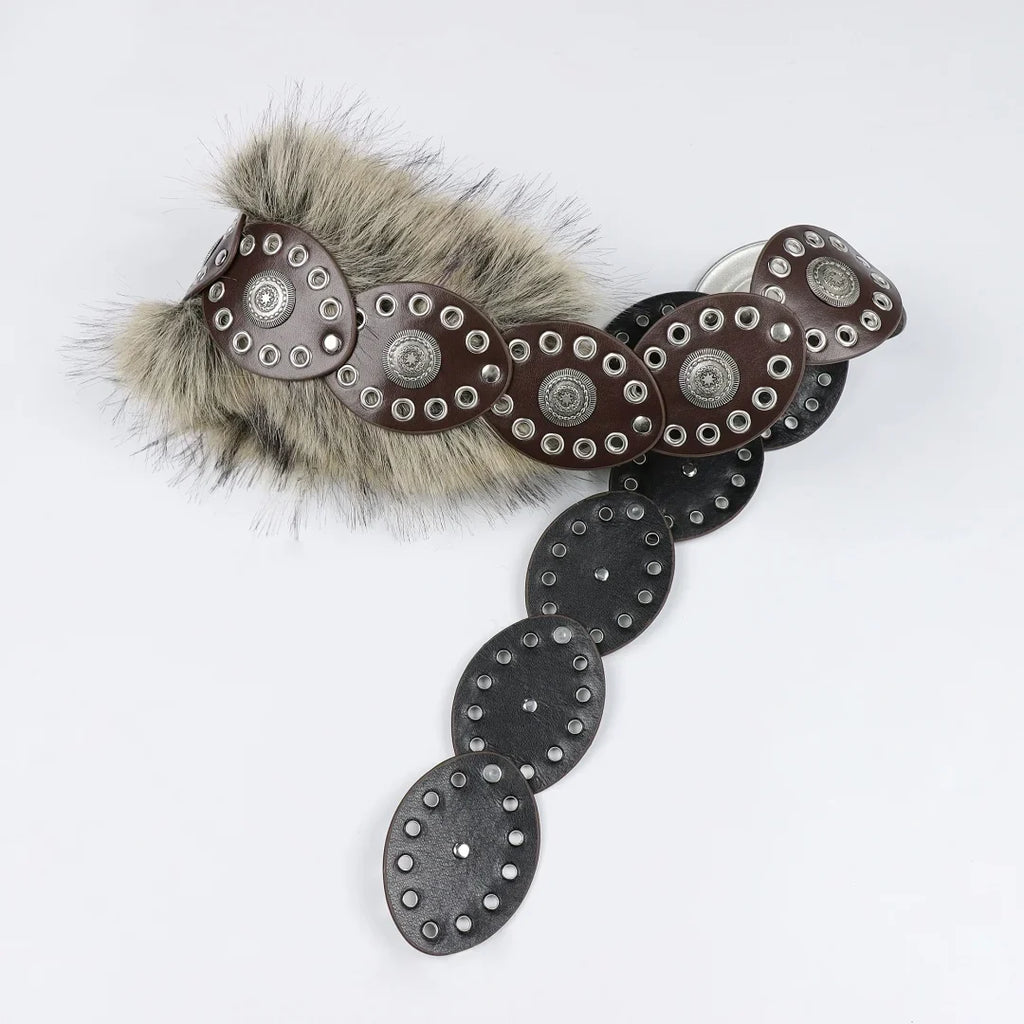 UYEE Punk PU Studded Fur Belt Y2K Vintage Faux Waistband Metal Plush