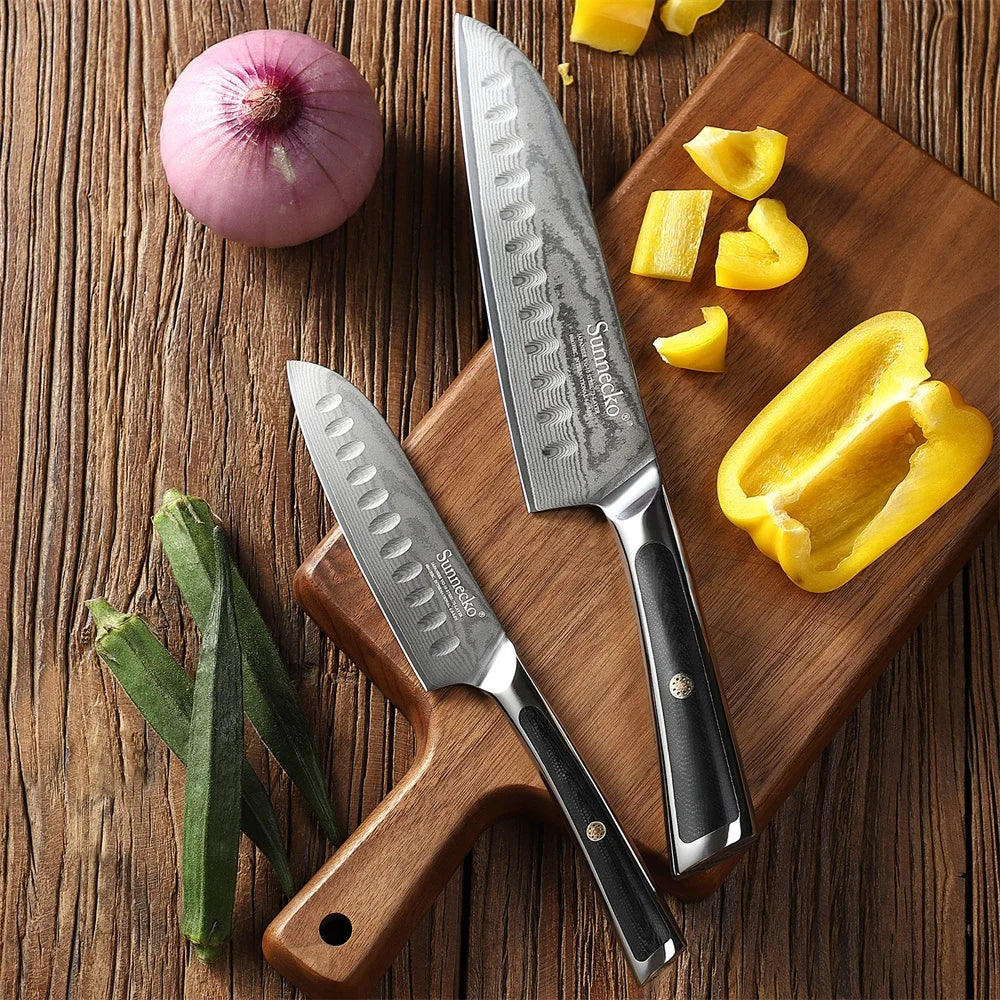 Sunnecko 7"/5" Damascus Santoku Knife Set VG10 G10 Handle