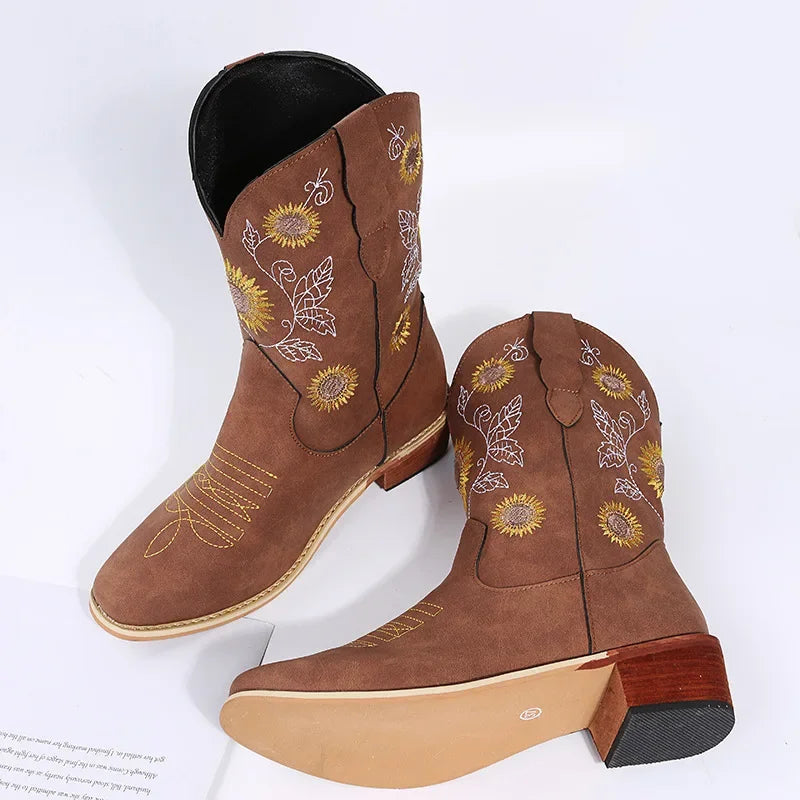 Women's Embroidered Floral Mid-Calf Western Cowboy Boots