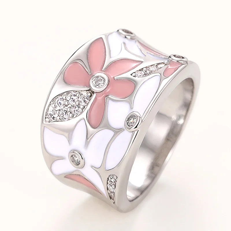 Huitan Enamel Flower Ring for Women | CZ Floral Fashion Ring