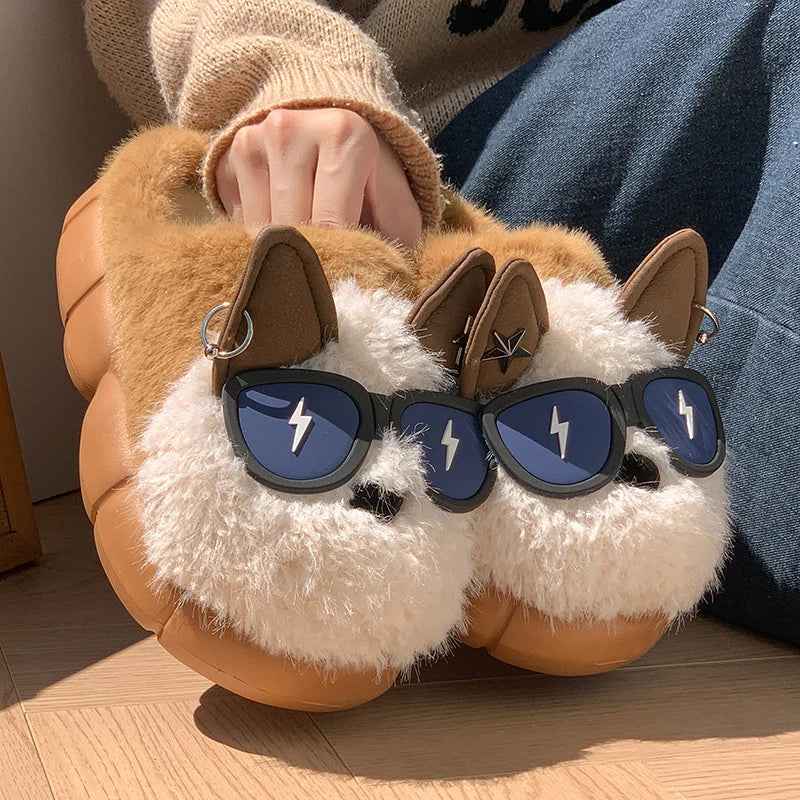 Cute Dog Head Fluffy Slippers – Women's Winter Indoor Slides