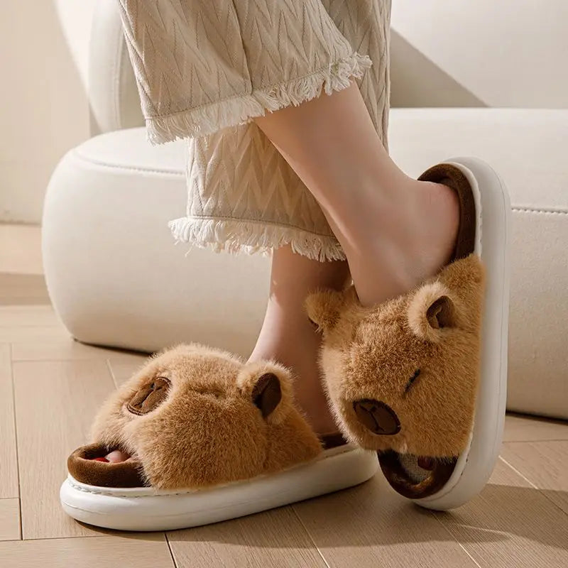Women's Fluffy Faux Fur Animal Slippers – Open Toe Indoor Slides