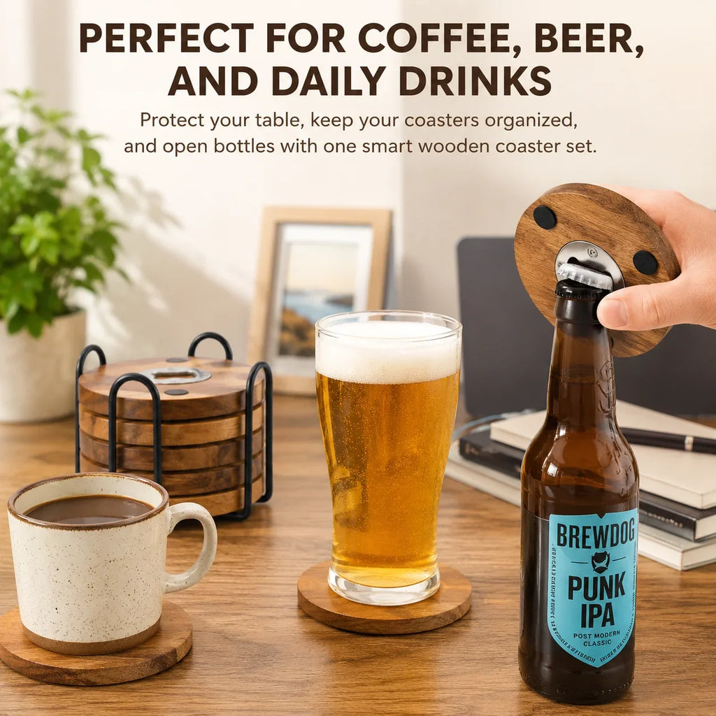 Wooden Coaster with Bottle Opener 2-in-1 | 6 or 8 Pack