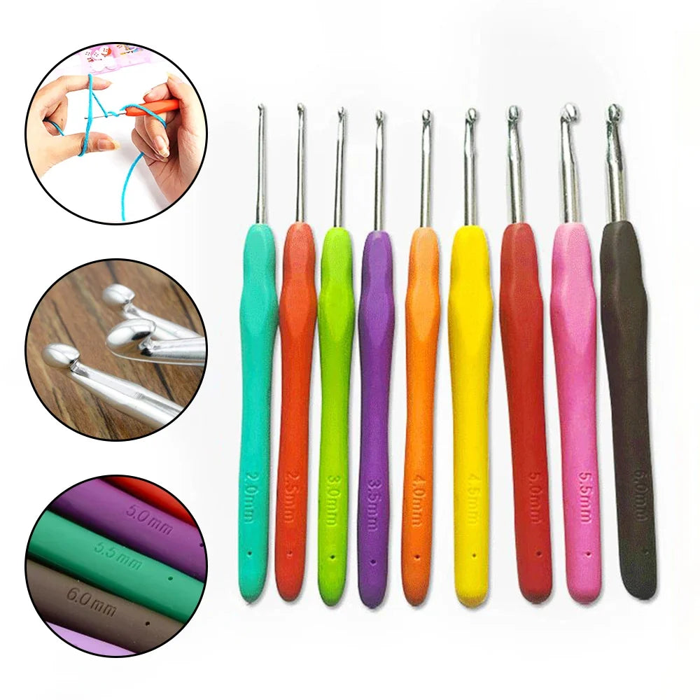 Tpr Crochet 2 0- 9-Piece Soft Handle Hand Woven Rainbow Aluminum