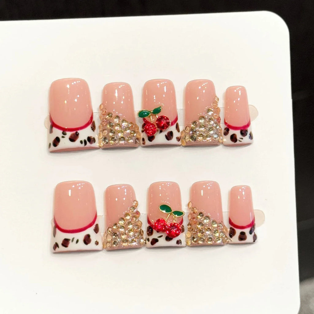 Press On Nails French Leopard Duckbill 3D Cherry Rhinestones 10pcs