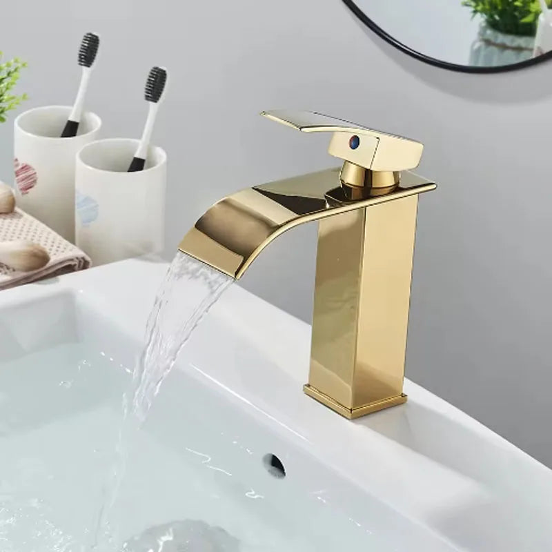Brushed Gold Waterfall Bathroom Faucet | Single Handle Deck Mount