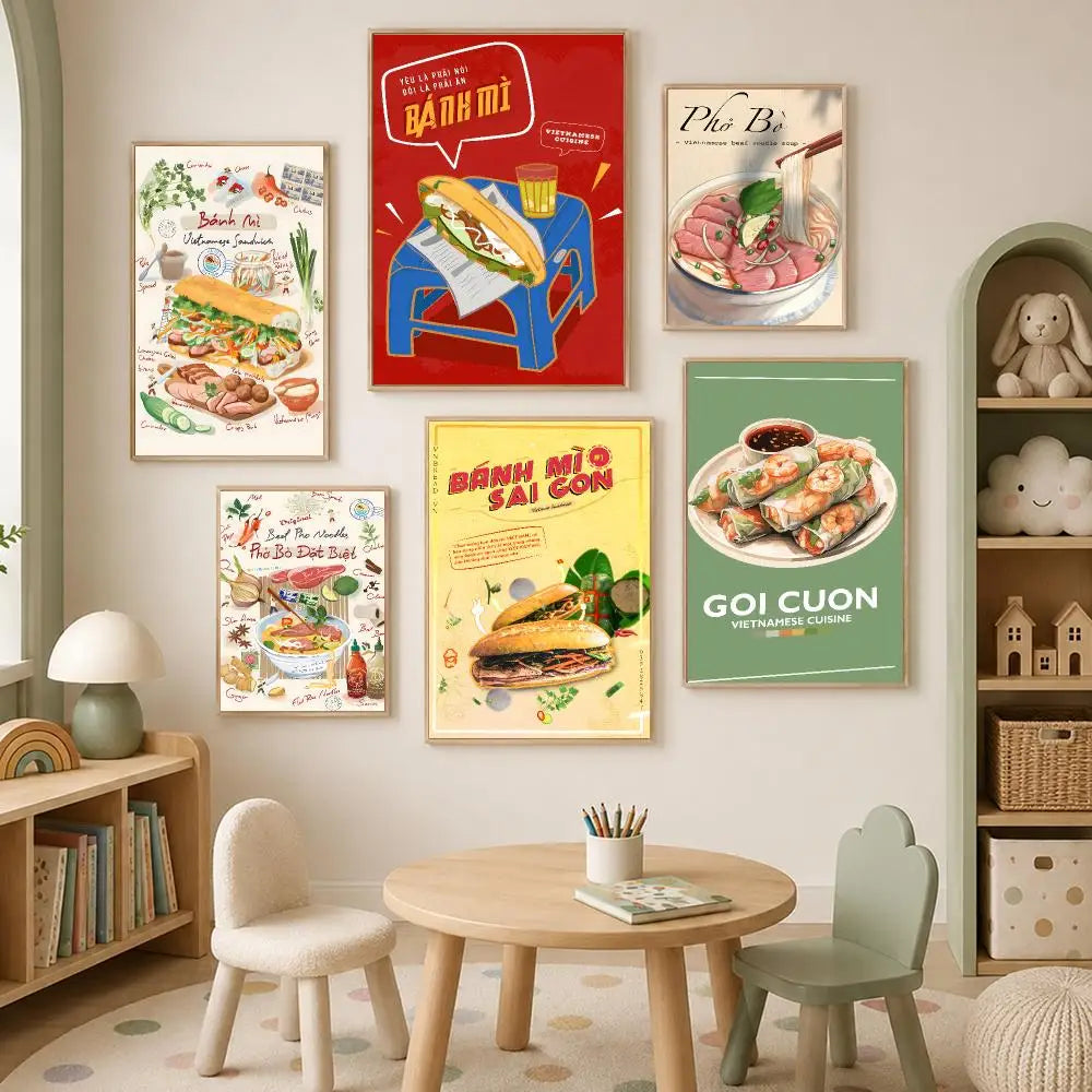 Vietnam Food Art Wall Poster – Banh Mi & Pho Self-Stick Decor