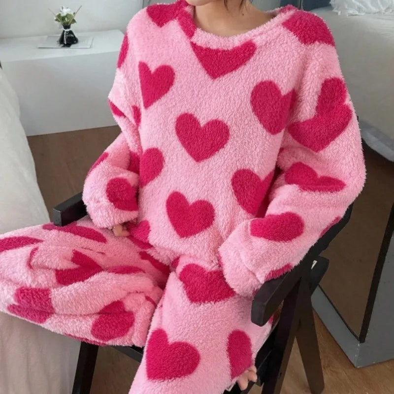 Women's Pink Heart Coral Fleece Pajama Set – Warm 2Pc Loungewear