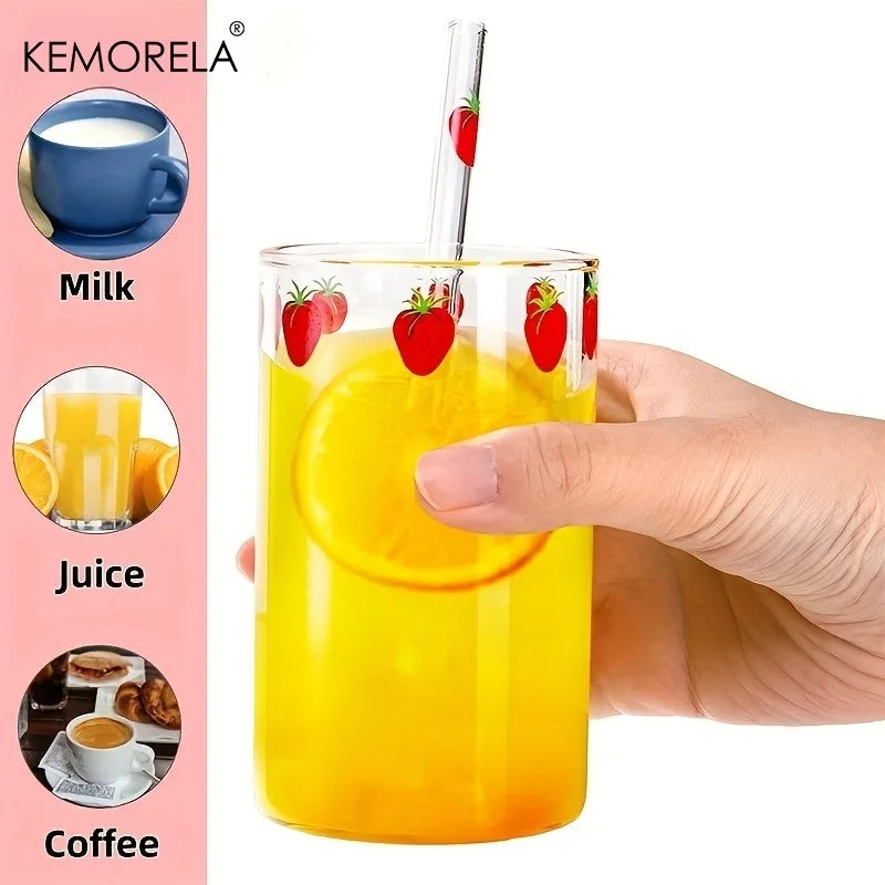 Cute Strawberry Glass Cup with Straw 300ml | KEMORELA Mug