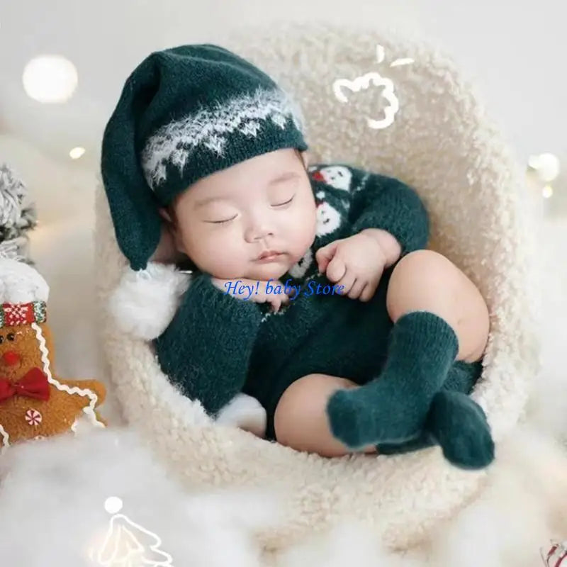 Newborn Knitted Romper Hat & Socks Set | Baby Photo Outfit