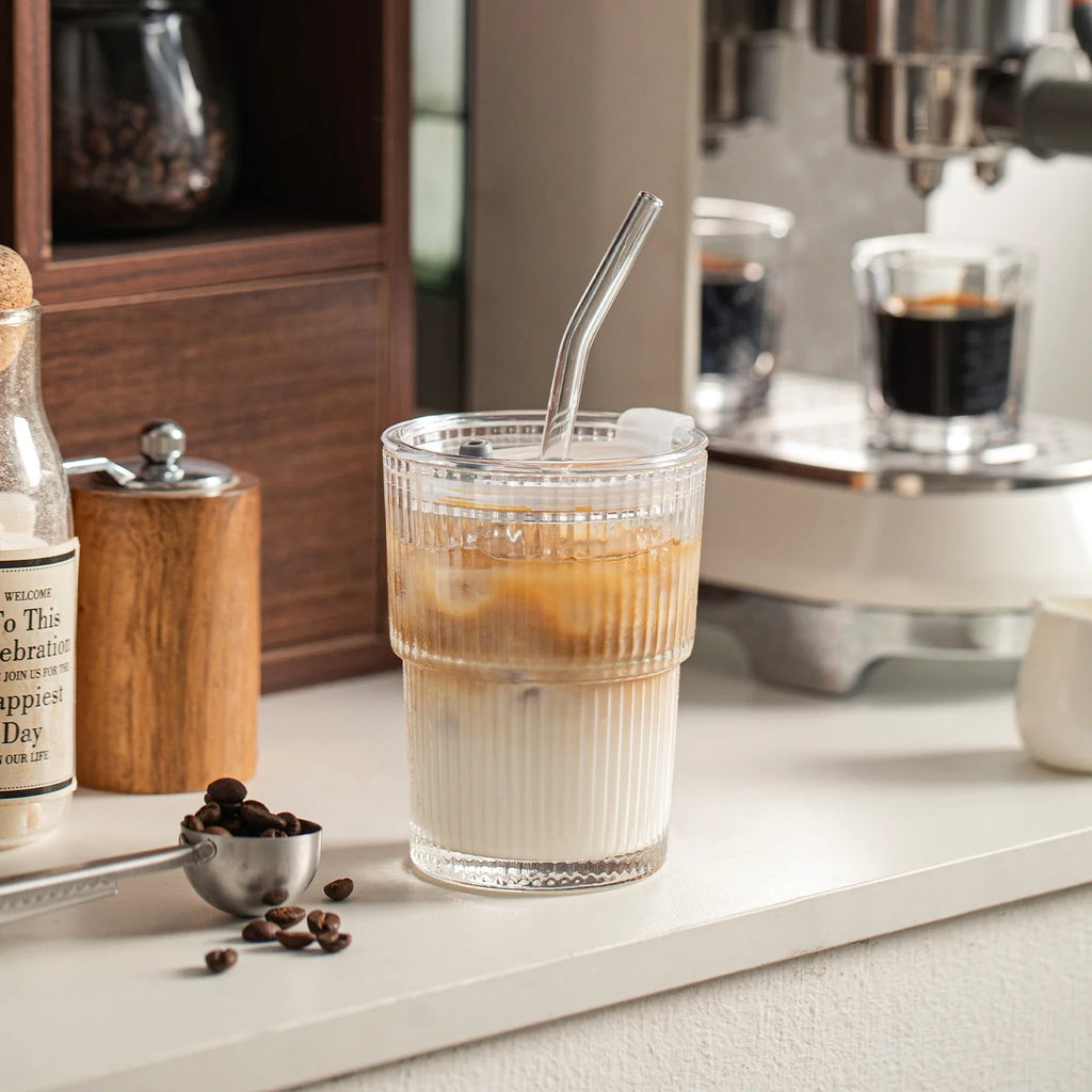 450ml Striped Glass Cups with Lid & Straw | Set of 1 or 2