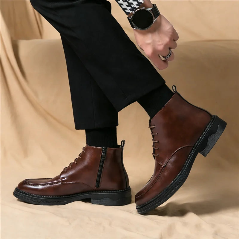 Men's British High-Top Pointed Toe Patent Leather Ankle Boots