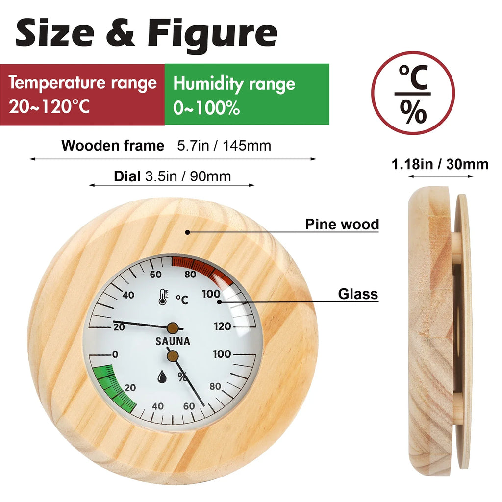 2-in-1 Wooden Sauna Thermometer & Hygrometer | Round Dial