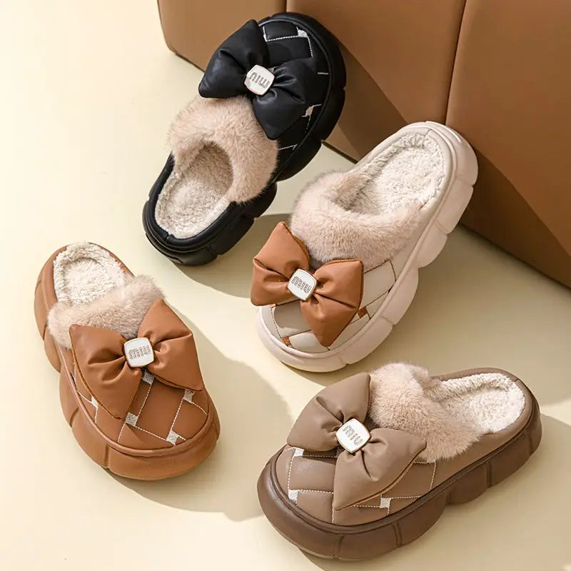 Women's Plush Faux Fur Bow Slippers – Warm Indoor Slides