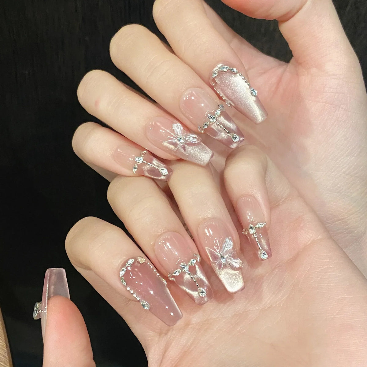 Press On Nails Pink Butterfly Glitter Cat Eye | 10pc Korean Set