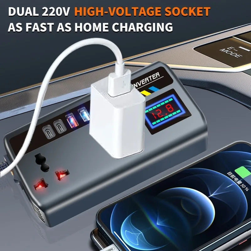 200W Car Power Inverter 9-in-1 | DC 12/24V to AC 220V + USB-C PD