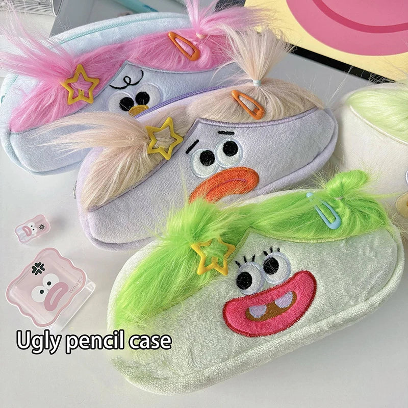 Kawaii Plush Pencil Case – Large Capacity Cartoon Big Mouth Girl