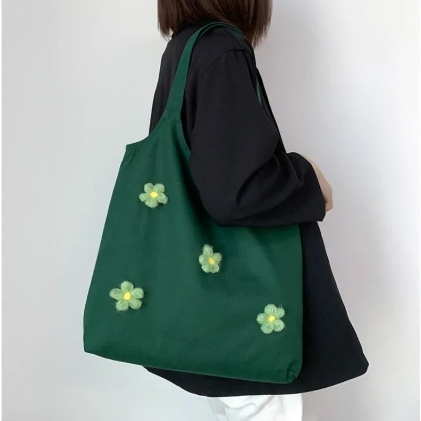 Floral Canvas Tote Bag – Minimalist One Shoulder Bag for Women