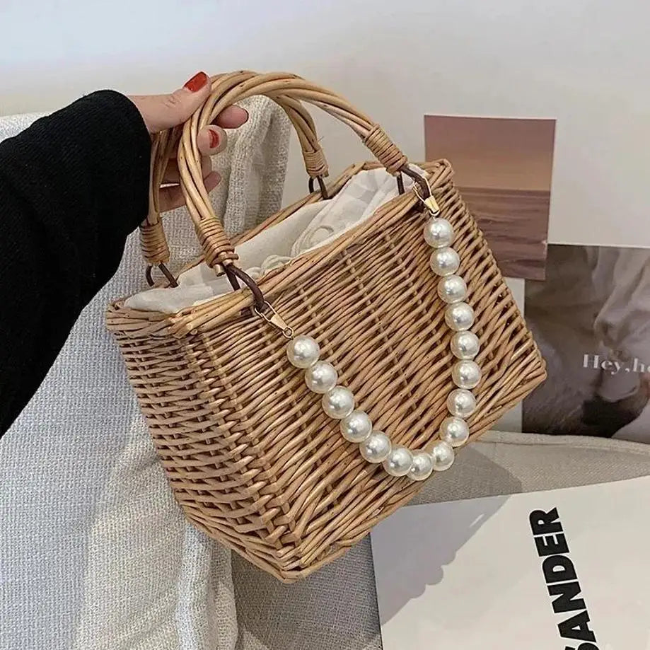 Women's Handmade Straw Woven Crossbody Bag – Floral Basket Purse