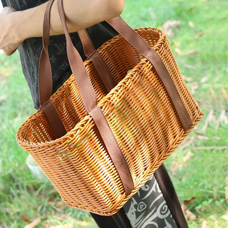 Large Handwoven Storage Basket Lid Foldable Woven Shopping Picnic