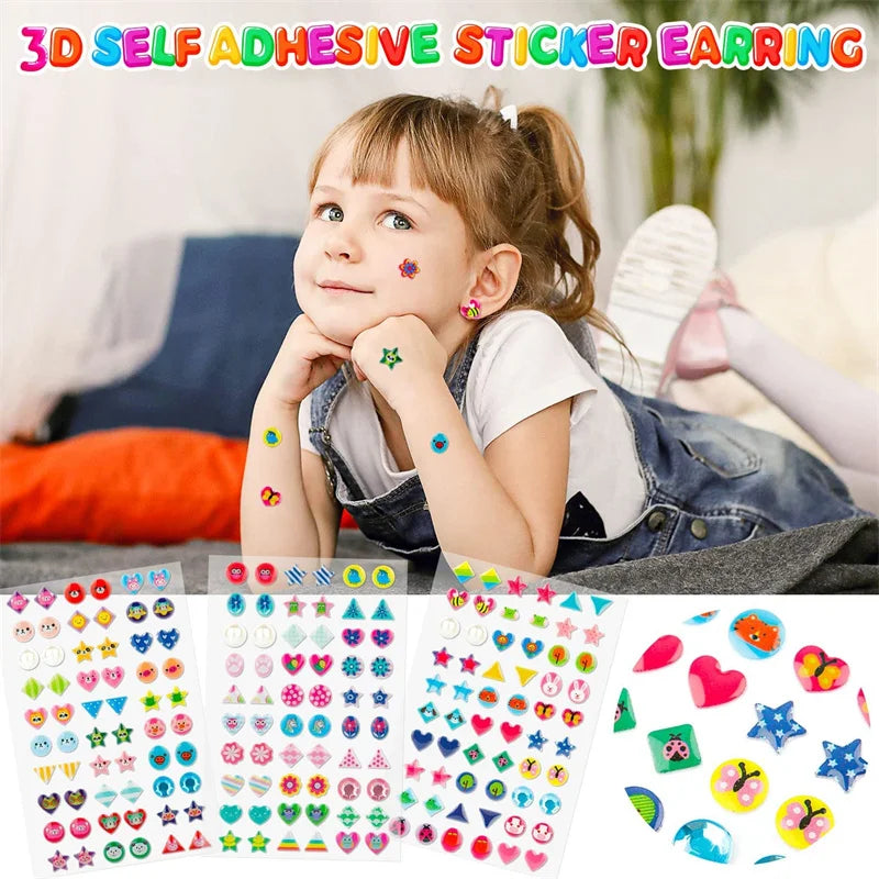 3D Self Adhesive Sticker Earrings Girls Cartoon Geometry Animal