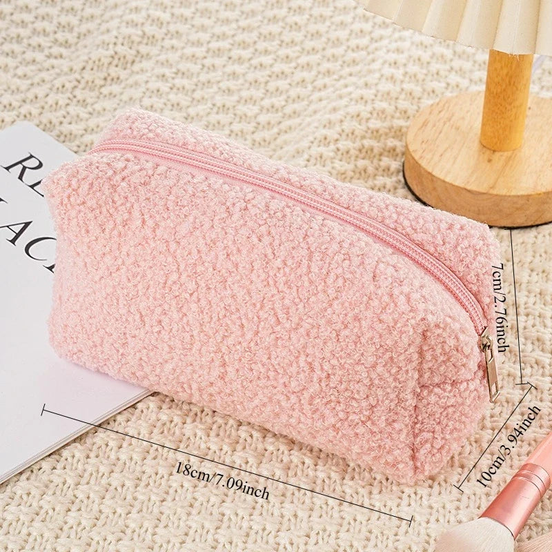 2026 Cute Zipper Plush Large Solid Cosmetic Bag Makeup Women Travel