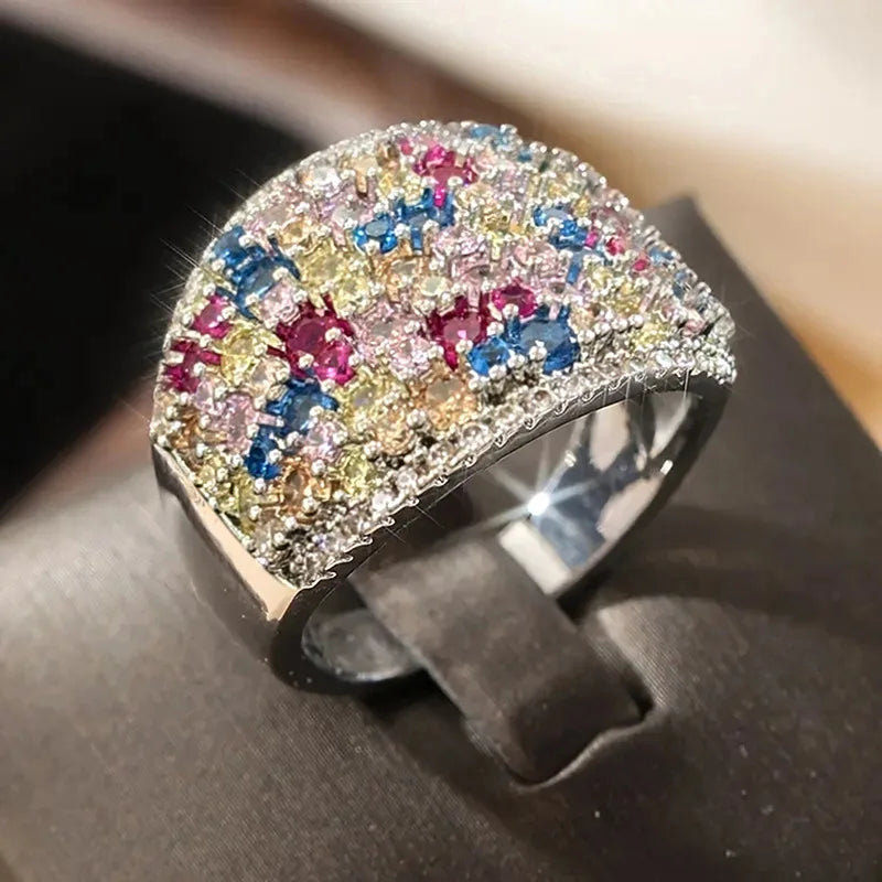 Huitan Colorful CZ Ring – Women's Fashion Wedding Band