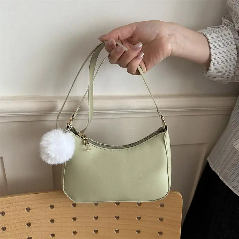 Women's PU Leather Hobo Shoulder Bag with Pom-Pom Charm