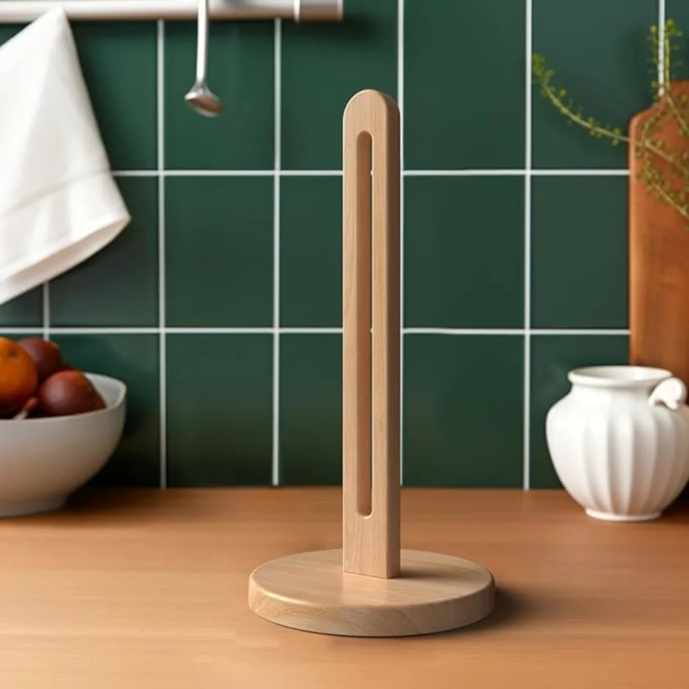 Wooden Vertical Tissue Stand Non Slip Base Countertop Roll Paper Rack