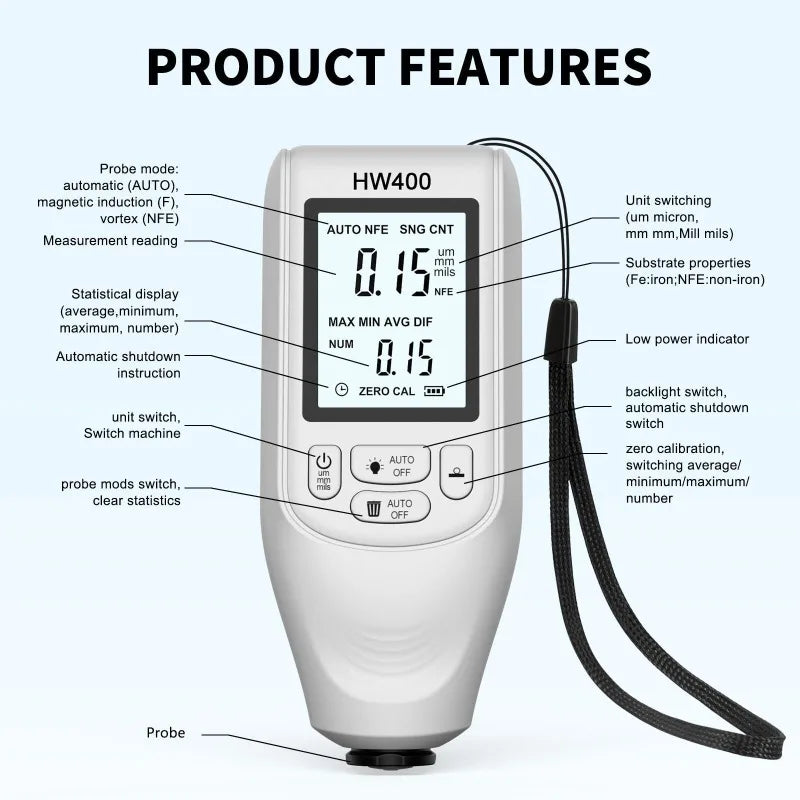 HW400 Car Paint Coating Thickness Tester – Metal Gauge