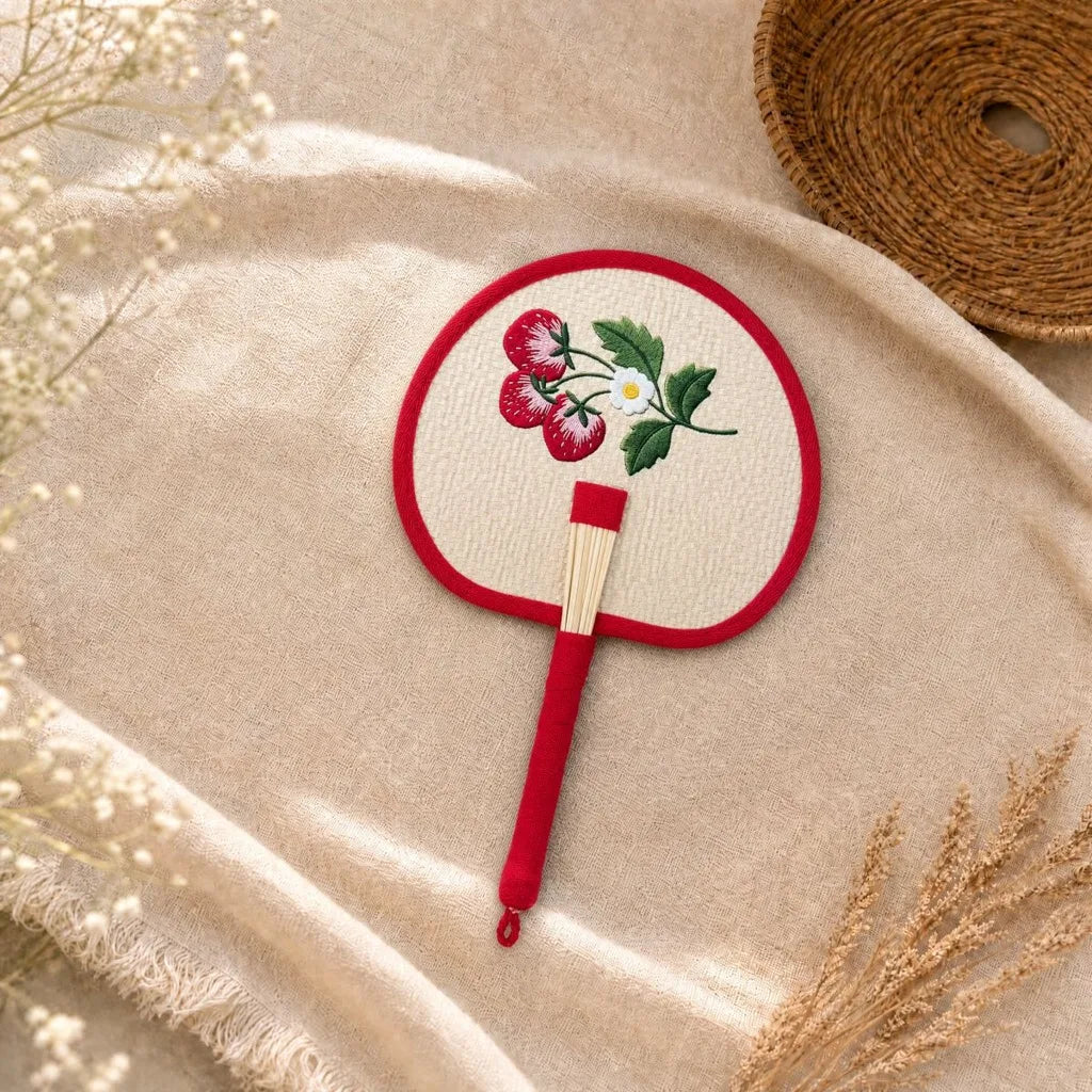 Handmade Embroidered Handheld Palm Fan Chinese Portable Wheat Straw