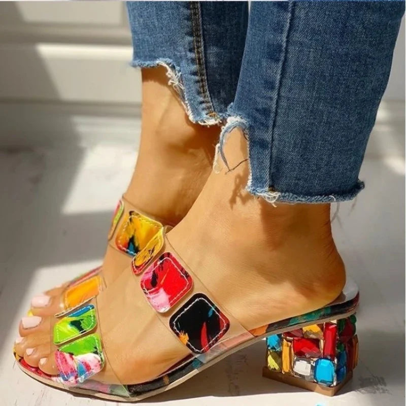 Women's Gem Print 6CM Block Heel Pointed Toe Sandals