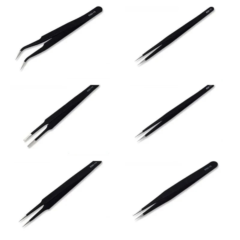 6-Piece ESD Anti-Static Precision Tweezers Set | Stainless Steel
