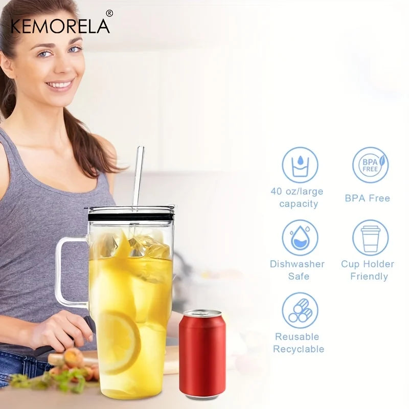 KEMORELA 40oz Glass Tumbler with Handle, Lid & Straw | 1–2 Pack