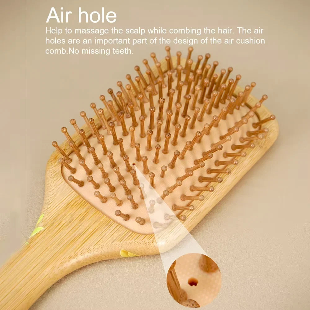 Natural Bamboo Square Comb – Sunflower Anti-Static Hair Comb